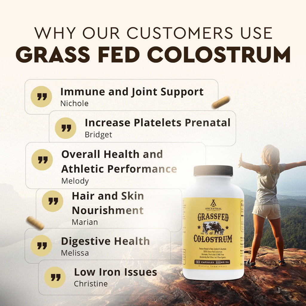 Ancestral Supplements Grass Fed Beef Colostrum Supplement, 3000mg, 180 Ct | Bovine colostrum capsules support immune health, gut health, athletic performance and healthy iron levels.