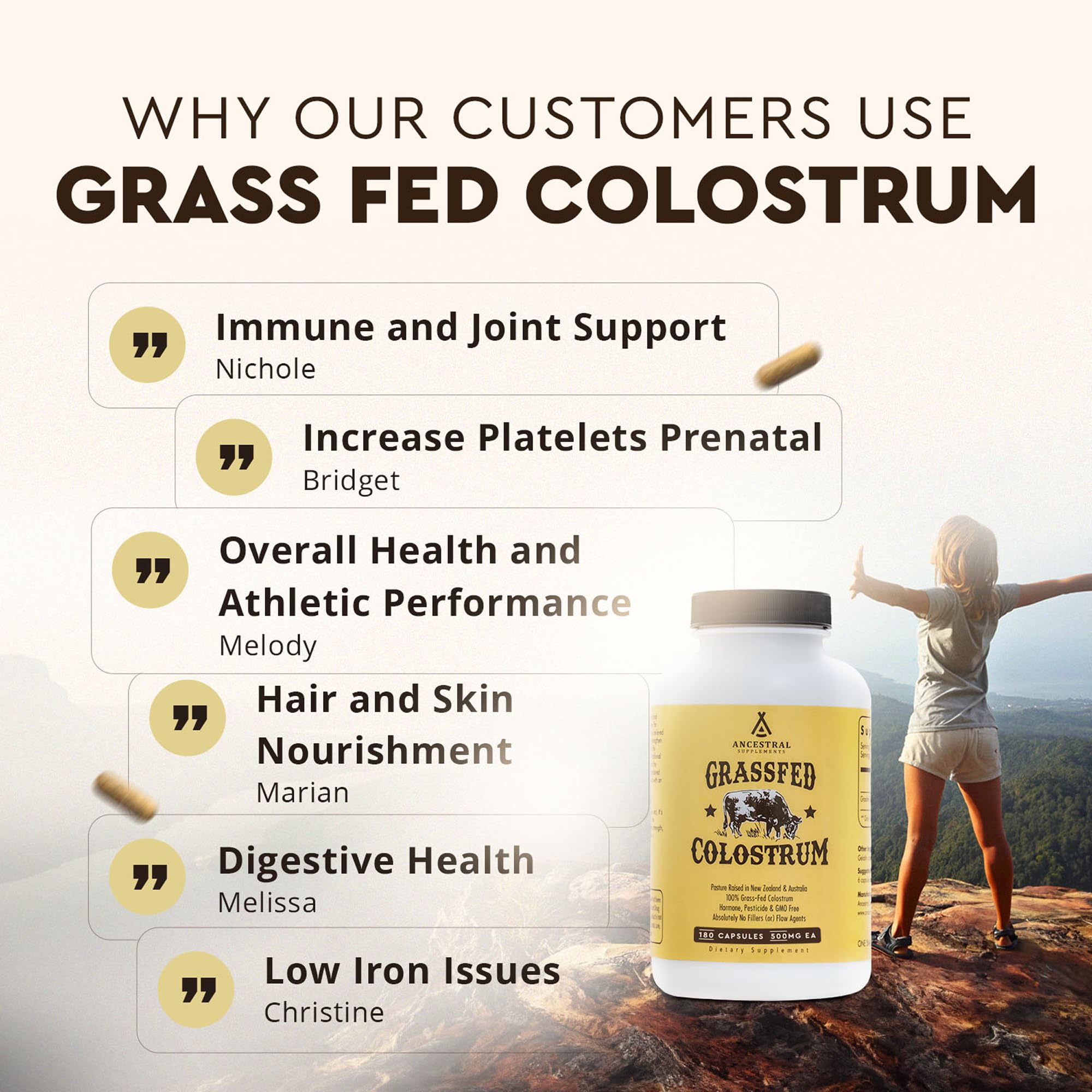 Ancestral Supplements Grass Fed Beef Colostrum Supplement, 3000mg, 180 Ct | Bovine colostrum capsules support immune health, gut health, athletic performance and healthy iron levels.