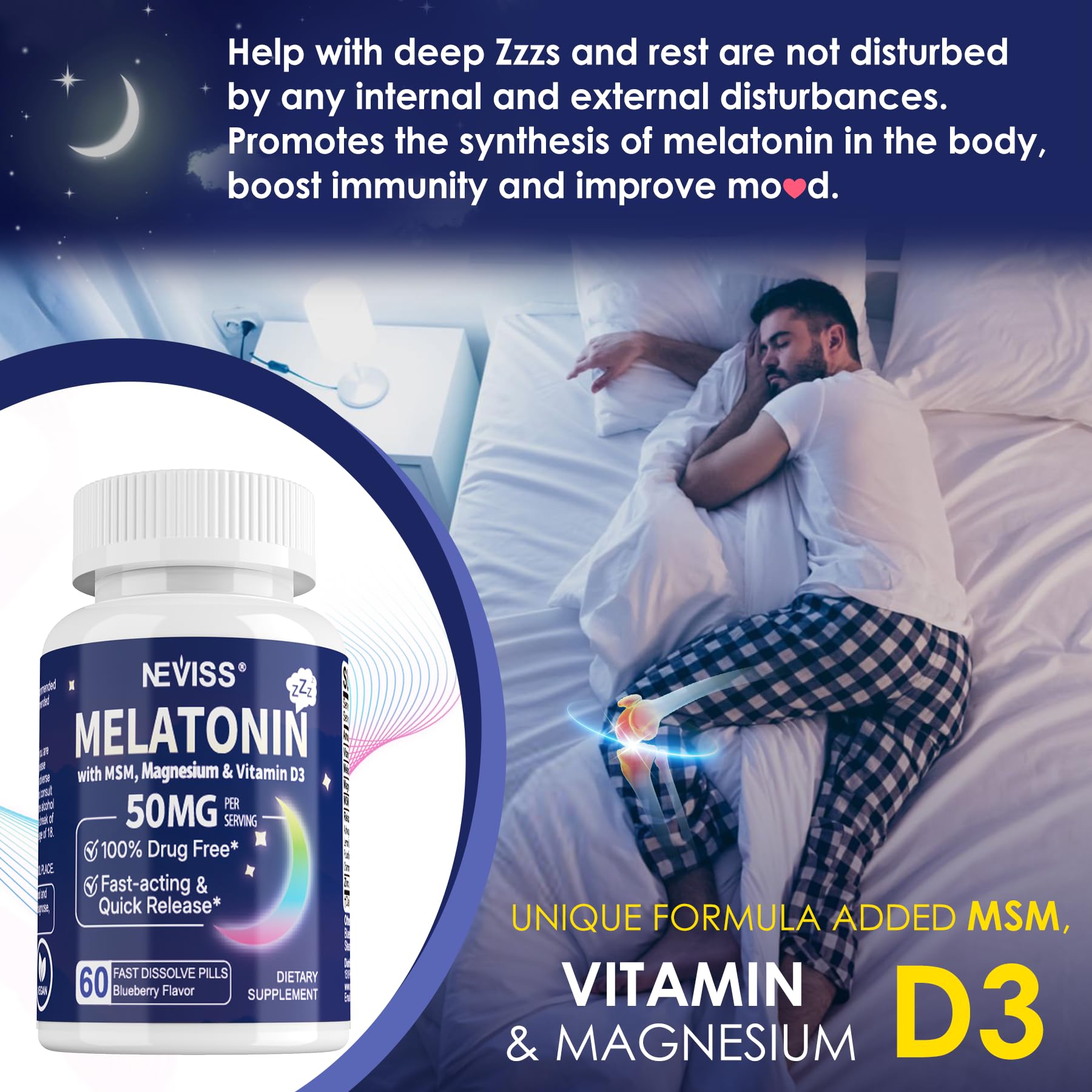 NEVISS Melatonin 50 mg for Adults - Extra Strength 9-in-1 Fast Dissolve Sublingual - High Dose with Magnesium Glycinate, Vitamin D3, Ashwagandha, Lemon Balm, Chamomile, Sugar Free, Vegan,60 Tablets