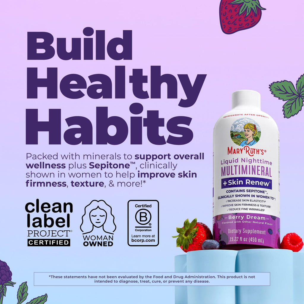 MaryRuth's Liquid Nighttime Liquid Multimineral + Skin Renew | Clinically Shown in Women to Reduce Fine Wrinkle & Improve Skin Firmness | Sepitone | NO Melatonin | Magnesium | Vegan | 15 Servings