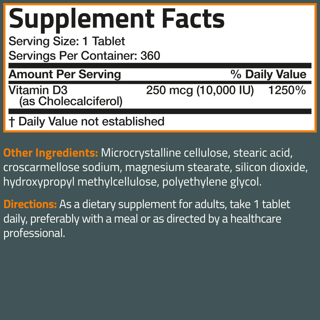 Bronson Vitamin D3 10,000 IU (250 mcg) Immune & Muscle Support, 360 Tablets | Bone & Teeth Support, Non-GMO, Gluten-Free & Soy-Free
