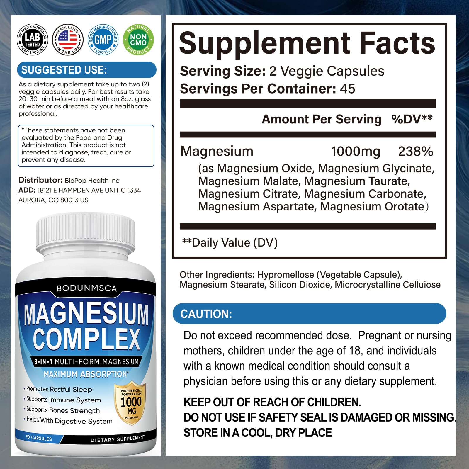 Magnesium Complex 1000mg, 8-in-1 Magnesium Supplement Capsules with Glycinate, Citrate, Malate & Taurate, Supports Muscle, Bone, Energy & Daily Wellness, for Women & Men, 180 Capsules