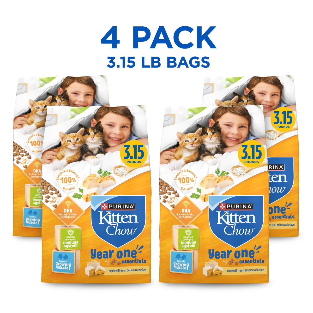 Purina Kitten Chow Year One Essentials Dry Kitten Food, (4) 3.15 lb Bags