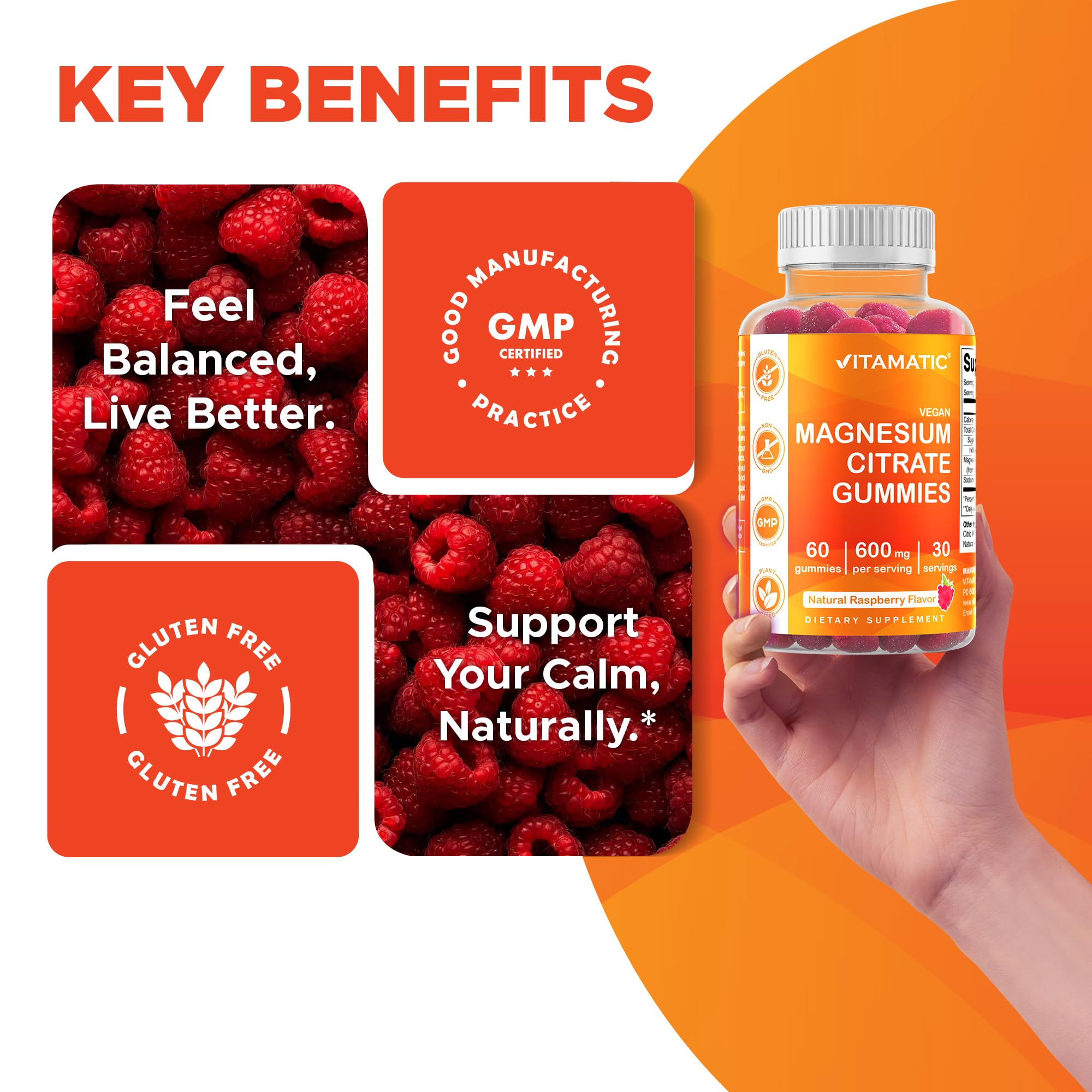 Vitamatic Magnesium Citrate Gummies, 600 mg, 60 Vegan Gummies | 600 mg Magneisum Citrate Per Serving with 70 mg of Elemental Mg, Natural Raspberry Flavor, Non-GMO, Gluten Free, Pectin Based