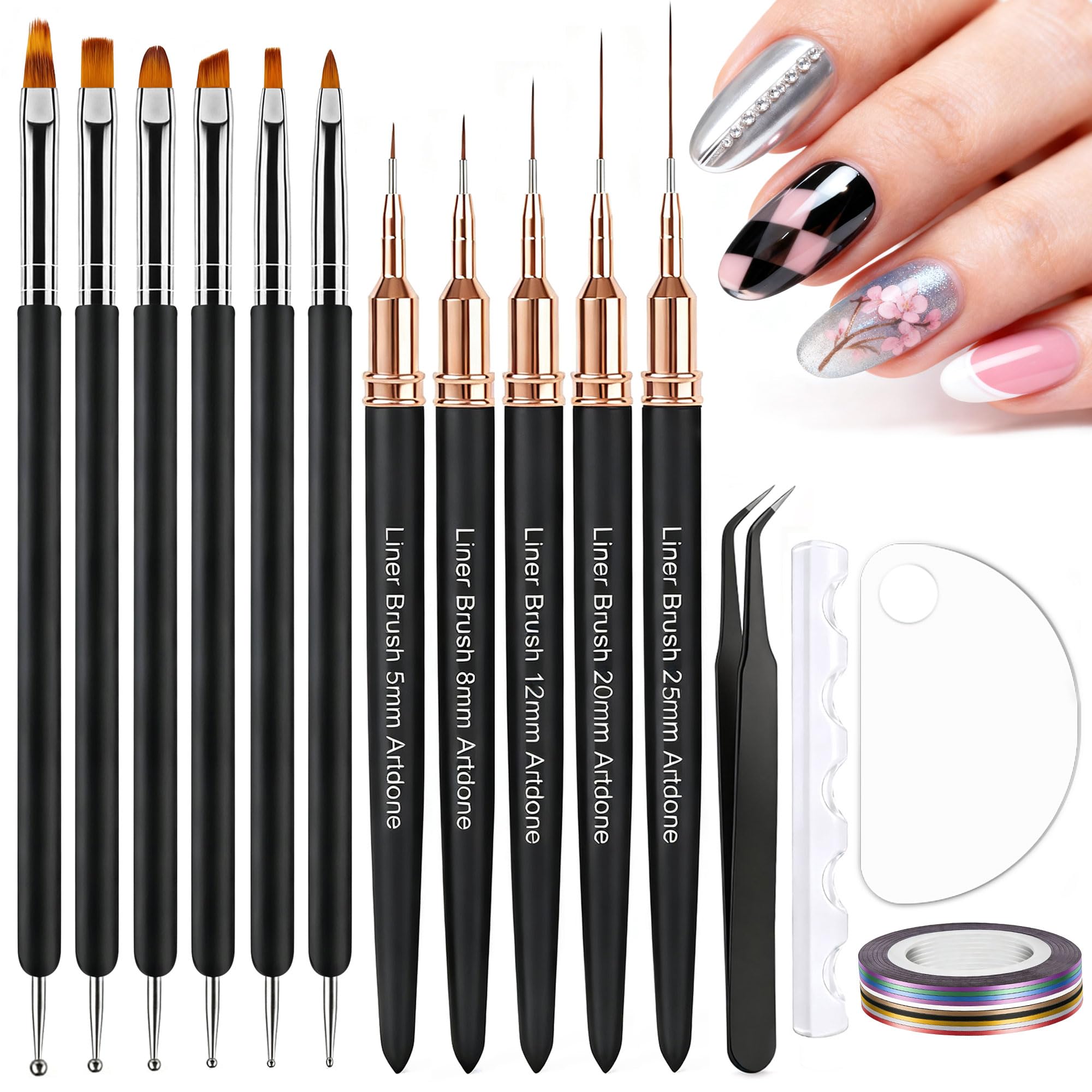 Artdone Nail Striping Tape Lines Kit With Nail Art Pens Liner Brushes | Dotting Tools For Gel Polish Small Detail Drawing Design Paint