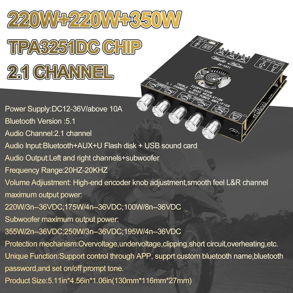 Buy now Bluetooth Power Amplifier Board Stereo - HiFi 2.1 Channel 2X220W+350W Bluetooth 5.1 16-32V Digital Power Audio Amplifier Module Subwoofer Control with AUX/Bluetooth/USB Flash Drive (ZK-AS21) at indiglob india