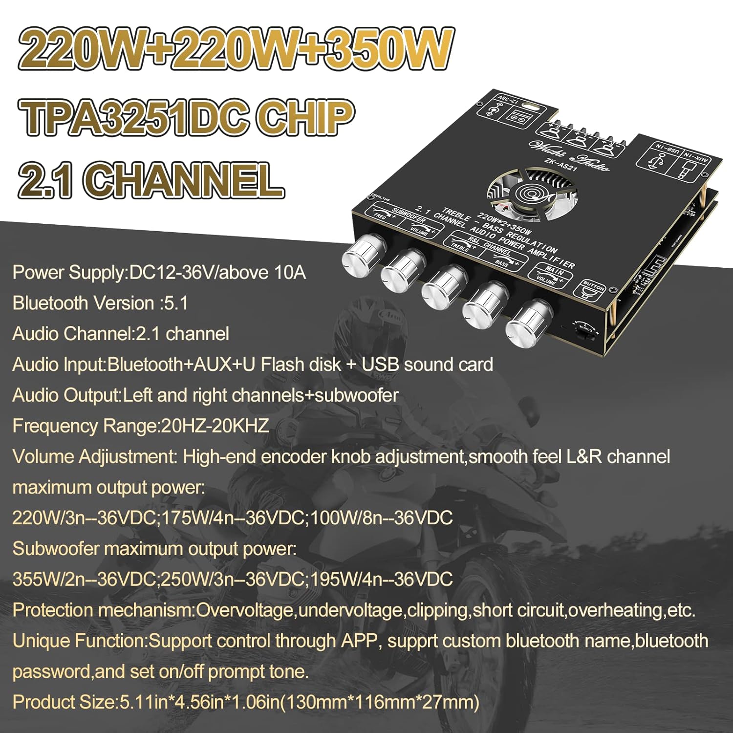 Buy now Bluetooth Power Amplifier Board Stereo - HiFi 2.1 Channel 2X220W+350W Bluetooth 5.1 16-32V Digital Power Audio Amplifier Module Subwoofer Control with AUX/Bluetooth/USB Flash Drive (ZK-AS21) at indiglob india