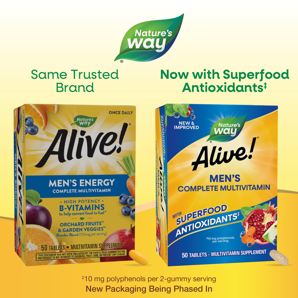 Nature's Way Alive! Men's Complete Daily Multivitamins, Supports Energy Metabolism & Muscle Function*, with B-Vitamins, Gluten Free, 50 Tablets (Packaging May Vary)