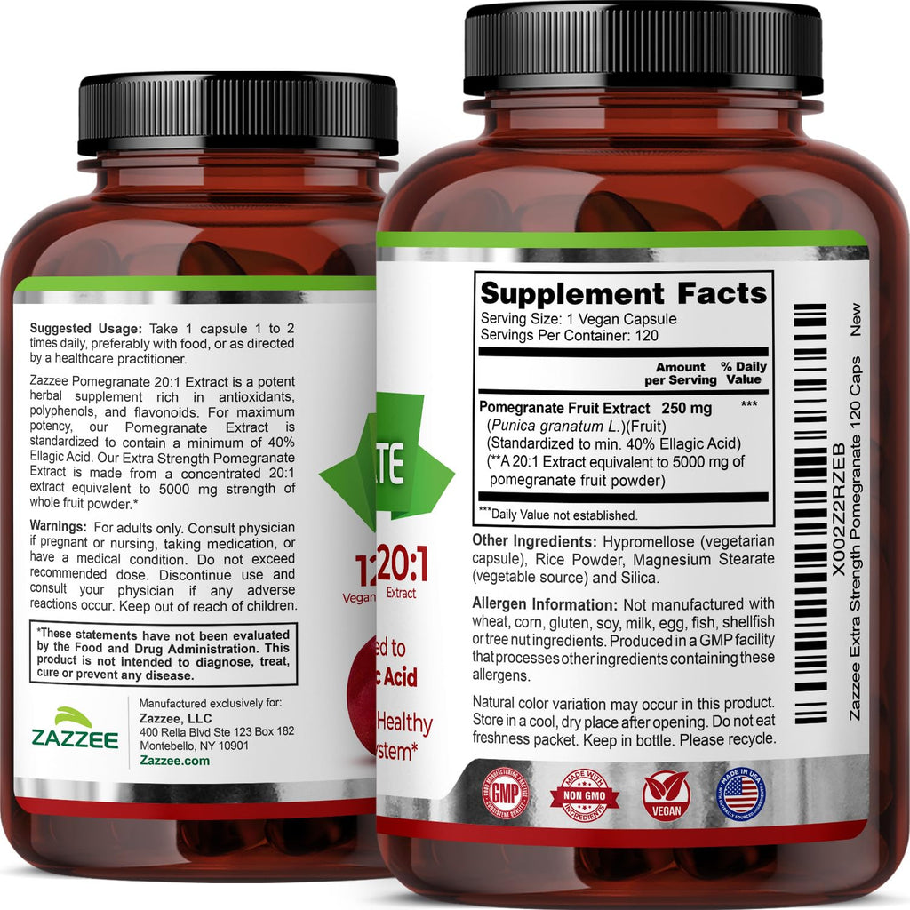 Zazzee Extra Strength Pomegranate 20:1 Extract, 120 Vegan Capsules | 40% Ellagic Acid, 4 Month Supply, Punica Granatum, Antioxidant & Cellular Health Support, Non-GMO, Made in the USA