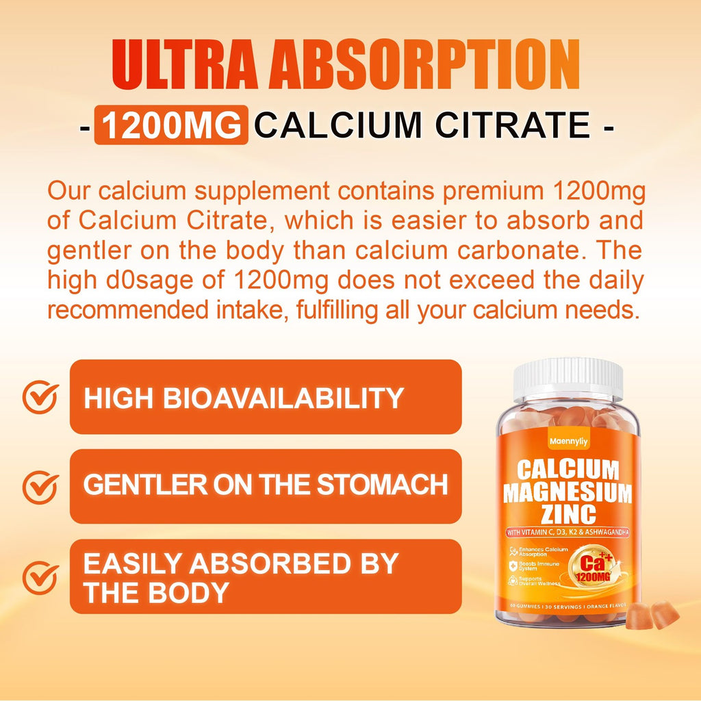 Calcium 1200 mg with Vitamin D3 for Adults - Calcium Citrate Gummies | with Vitamin D3, K2, Magnesium, Zinc, Boron, Copper and Ashwagandha - Extra Absorption Calcium Supplement for Women Men