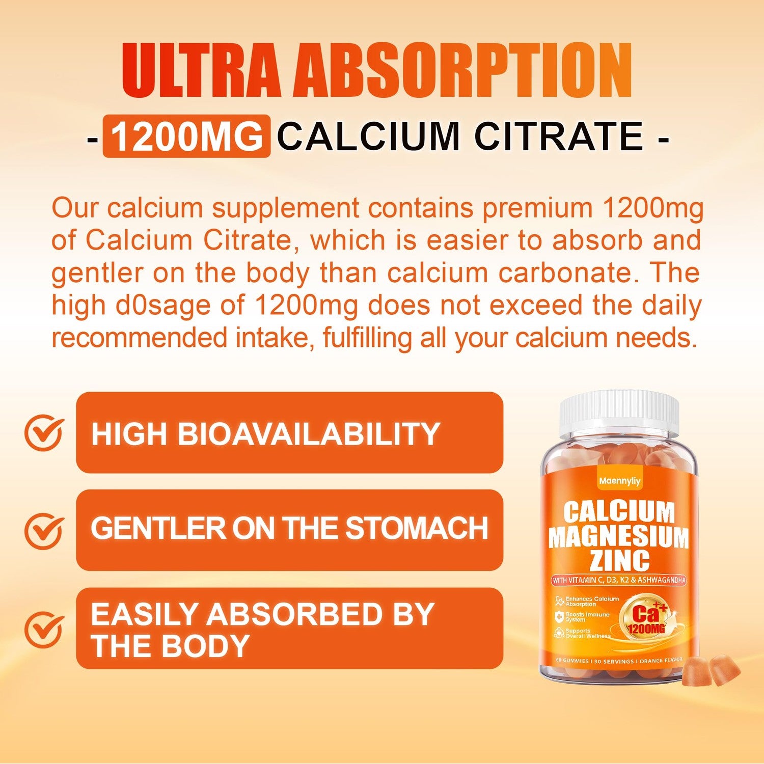 Calcium 1200 mg with Vitamin D3 for Adults - Calcium Citrate Gummies | with Vitamin D3, K2, Magnesium, Zinc, Boron, Copper and Ashwagandha - Extra Absorption Calcium Supplement for Women Men
