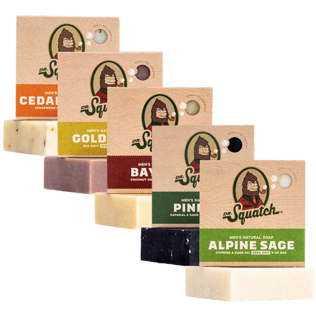 Buy now Dr. Squatch Natural Men’s Bar Soap - Cold Process Body Soap Bar with Natural Oils - Gifts for Men - Coconut Castaway, Wood Barrel Bourbon, Fresh Falls, Birchwood Breeze & Gold Moss (5 oz, 5-Pack) Woodland Warrior at indiglob india