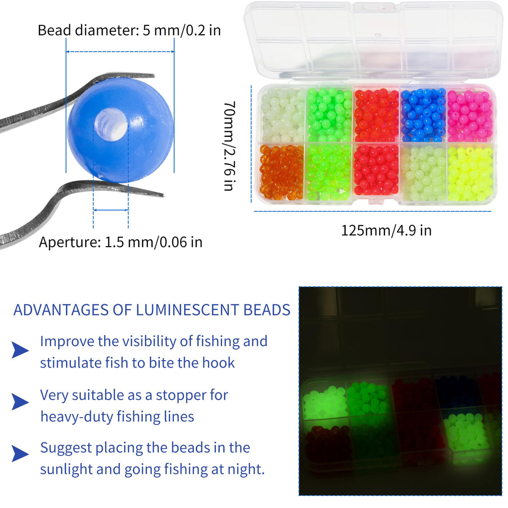 Fishing Beads, 10 Colors Beads for Fishing Rigs, 5mm Glow in the Dark Beads for Fishing in the Dark