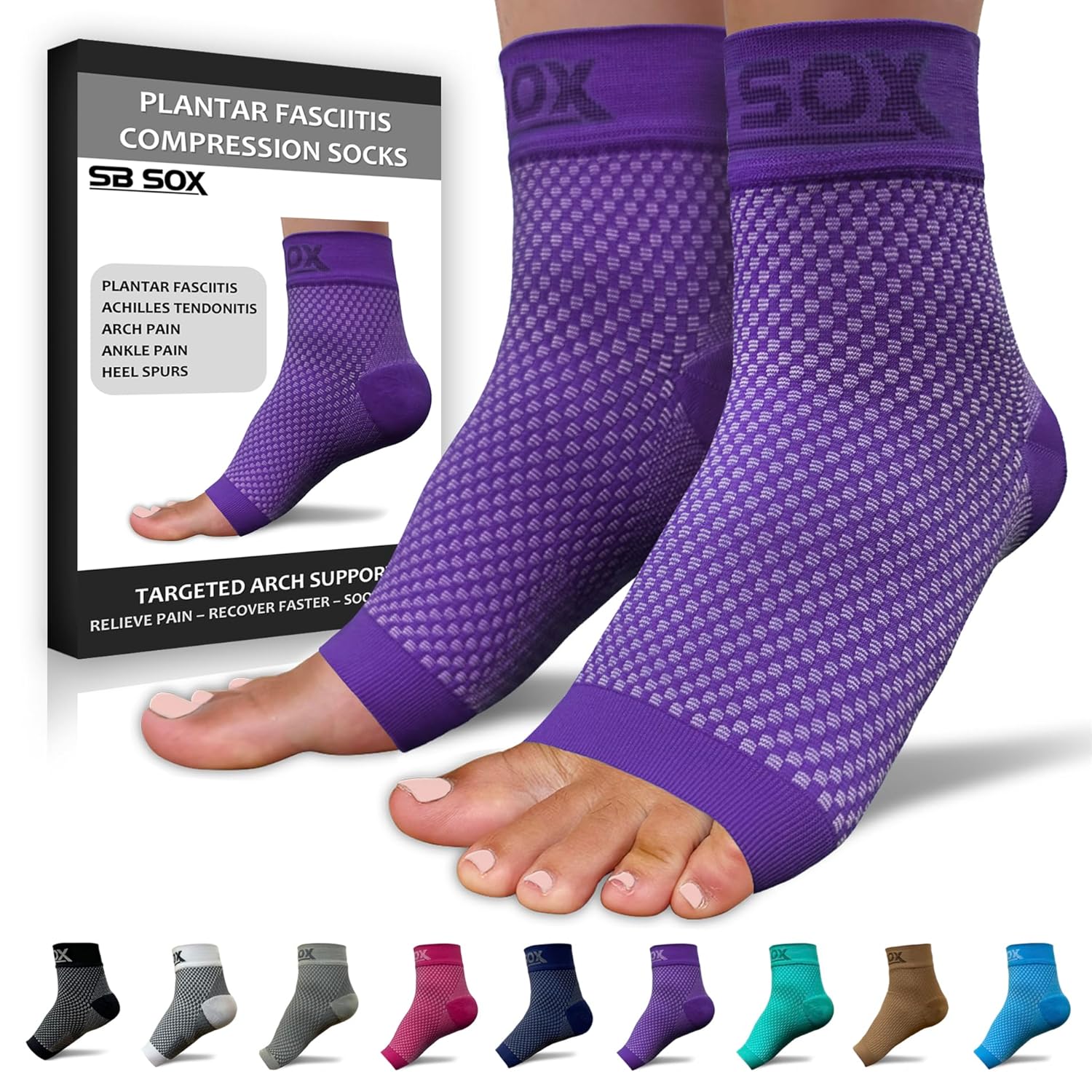 Buy now SB SOX Plantar Fasciitis Relief Socks â€“ Ankle Brace Compression Sleeve â€“ Arch Support for Foot Pain, Swelling, Heel Spurs â€“ Foot Brace for Achilles Tendonitis Relief, Injury Recovery (Blue, Medium) Medium Purple at indiglob india