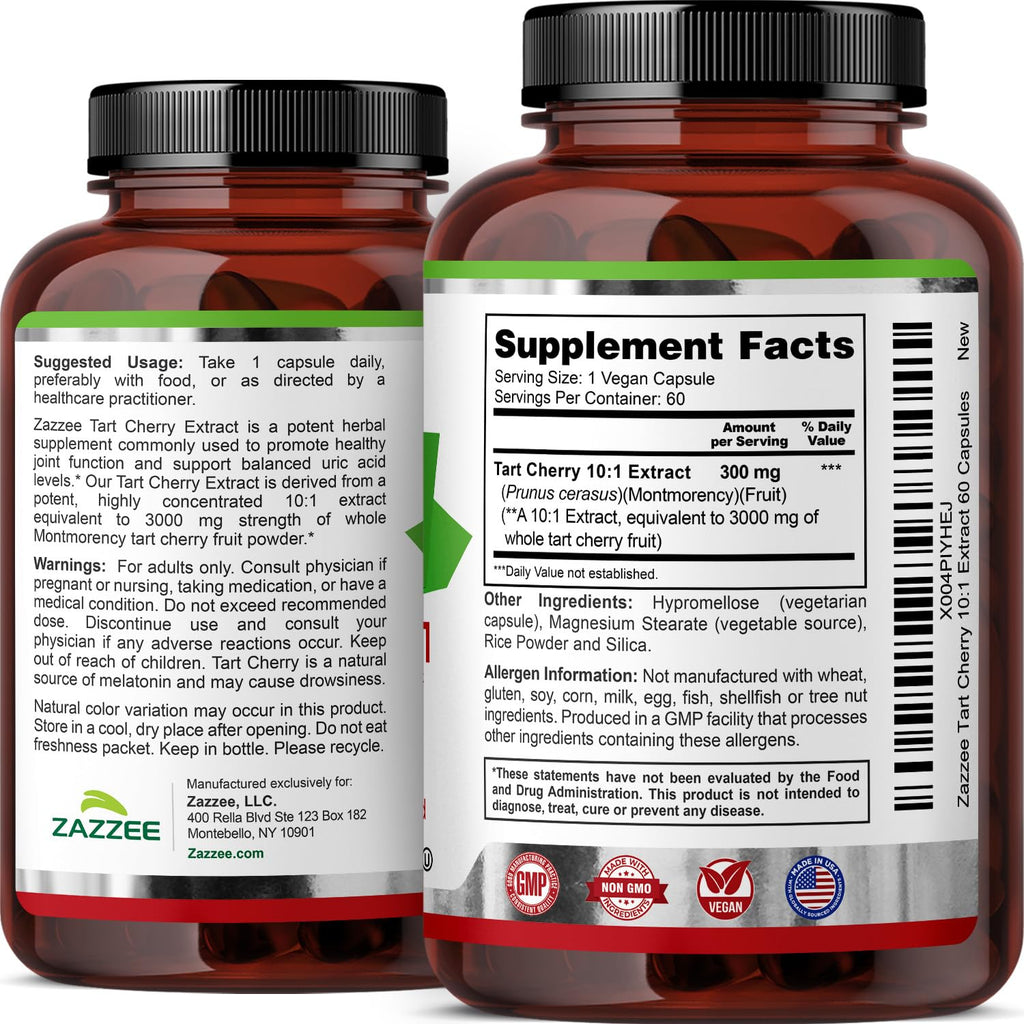 Zazzee Tart Cherry 10:1 Extract, 60 Vegan Capsules, 2 Month Supply | Montmorency Cherry, Certified Kosher, Joint & Uric Acid Support, Antioxidant Support Formula, Non-GMO, Made in the USA