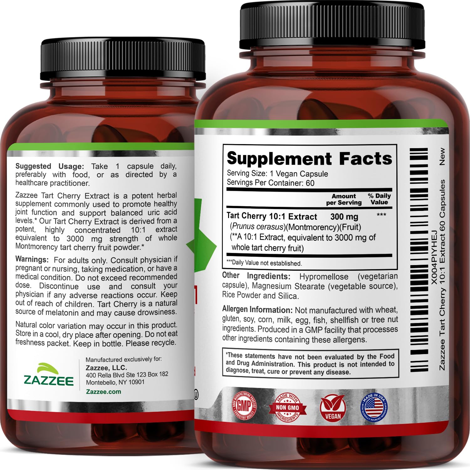 Zazzee Tart Cherry 10:1 Extract, 60 Vegan Capsules, 2 Month Supply | Montmorency Cherry, Certified Kosher, Joint & Uric Acid Support, Antioxidant Support Formula, Non-GMO, Made in the USA