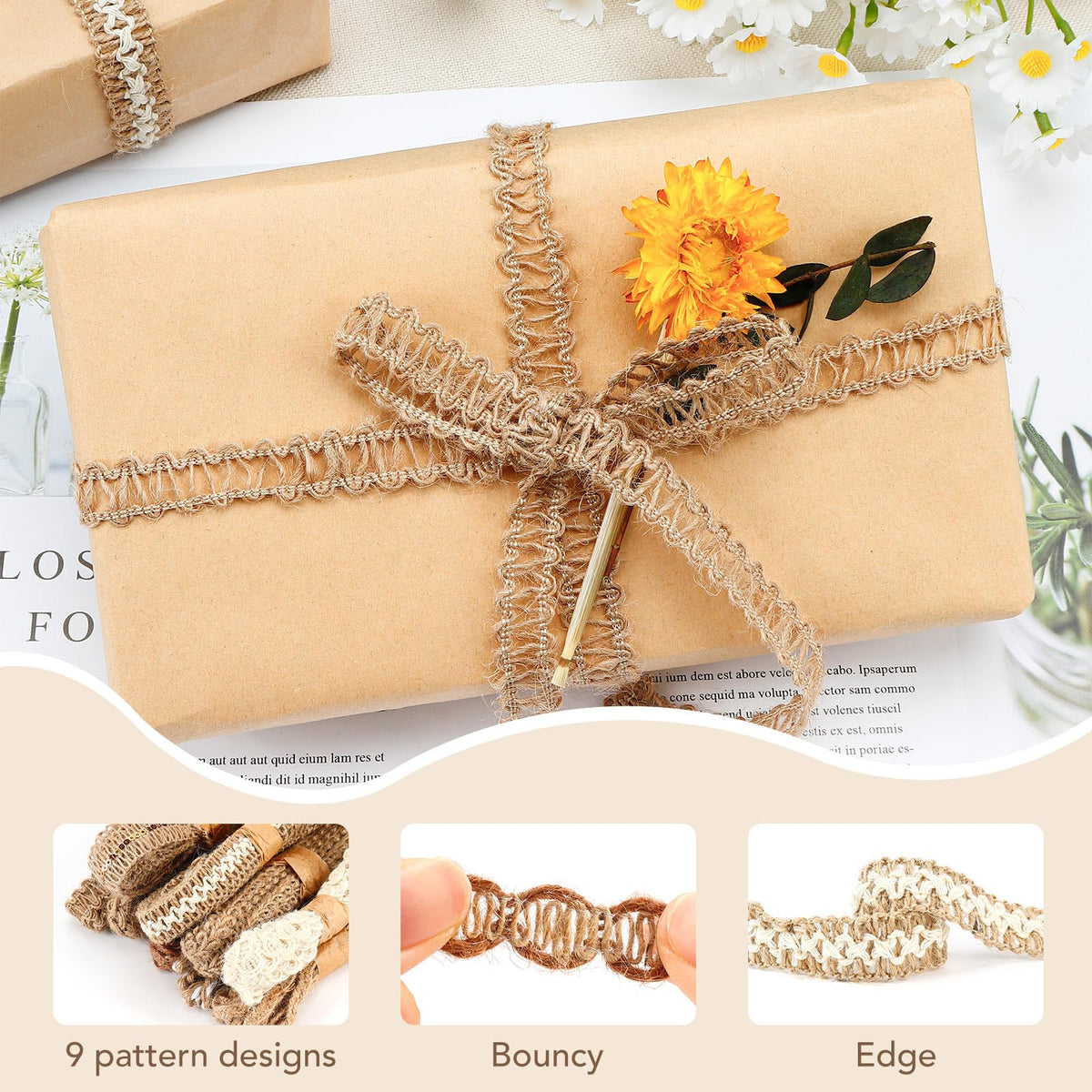 9 Rolls Jute Burlap Lace Ribbon Trim, 18 Meters Decorative Craft Fabric Ribbons for Crafts Wrapping Sewing Wedding Party Decorations