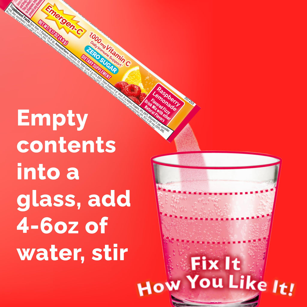 Emergen-C Vitamin C 1000mg Immune Support, Raspberry Lemonade, 36 Packets | Zero Sugar, B Vitamins for Energy, Zinc and Manganese, Electrolytes, Stevia Sweetened, Caffeine Free