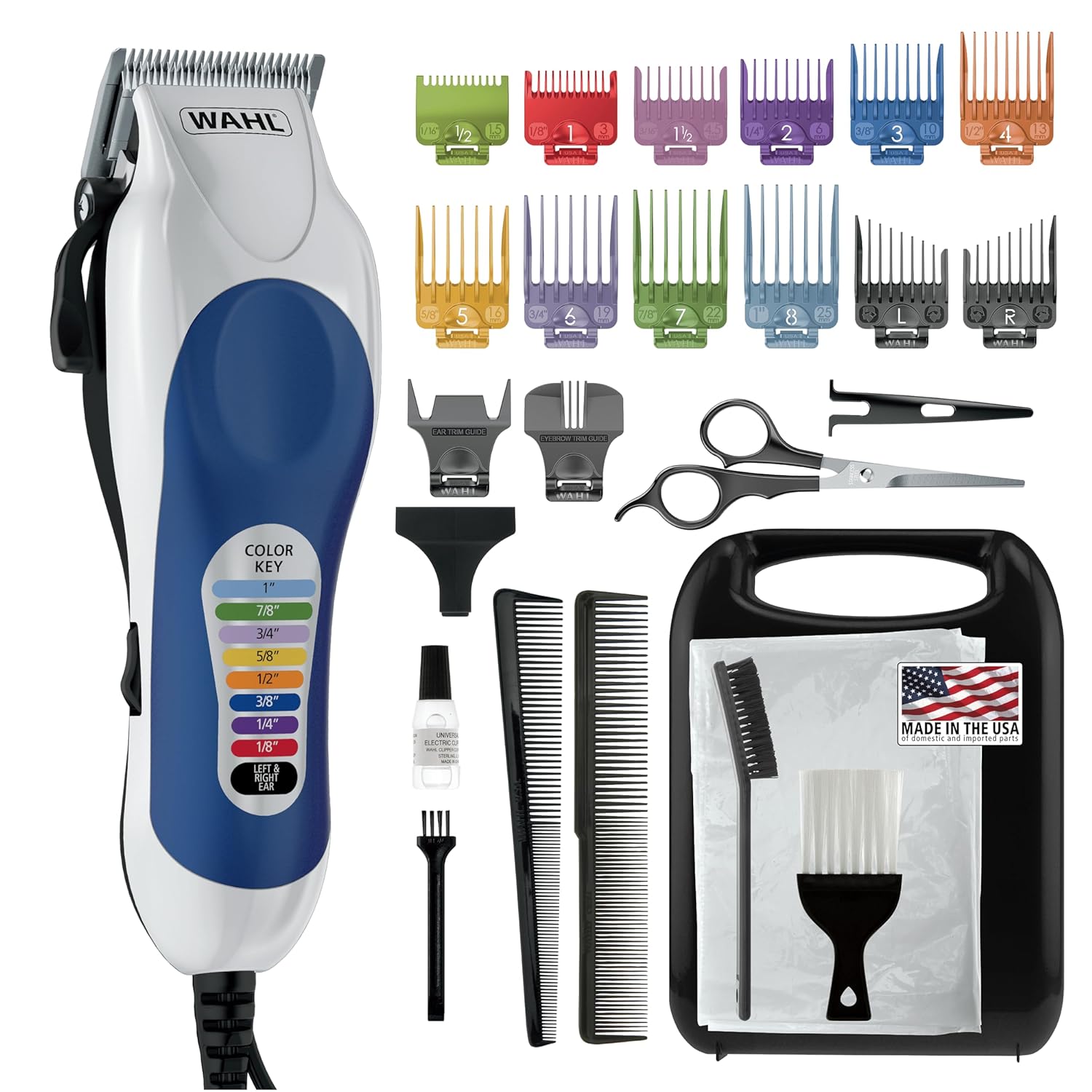Buy now Wahl Clipper USA Color Pro Complete Haircutting Kit with Easy Color Coded Guide Combs - Corded Clipper for Hair Clipping & Grooming Men, Women, & Children - Model 79300-1001M Default at indiglob india