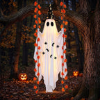 Halloween Decorations Outdoor, 5.4FT Large Hanging Swing Ghost Outdoor Decor with Witch Hat & Maple Leaf Vine, Remote Control LED Lights 8 Modes, Halloween Ghost Decorations for Front Porch Yard Tree