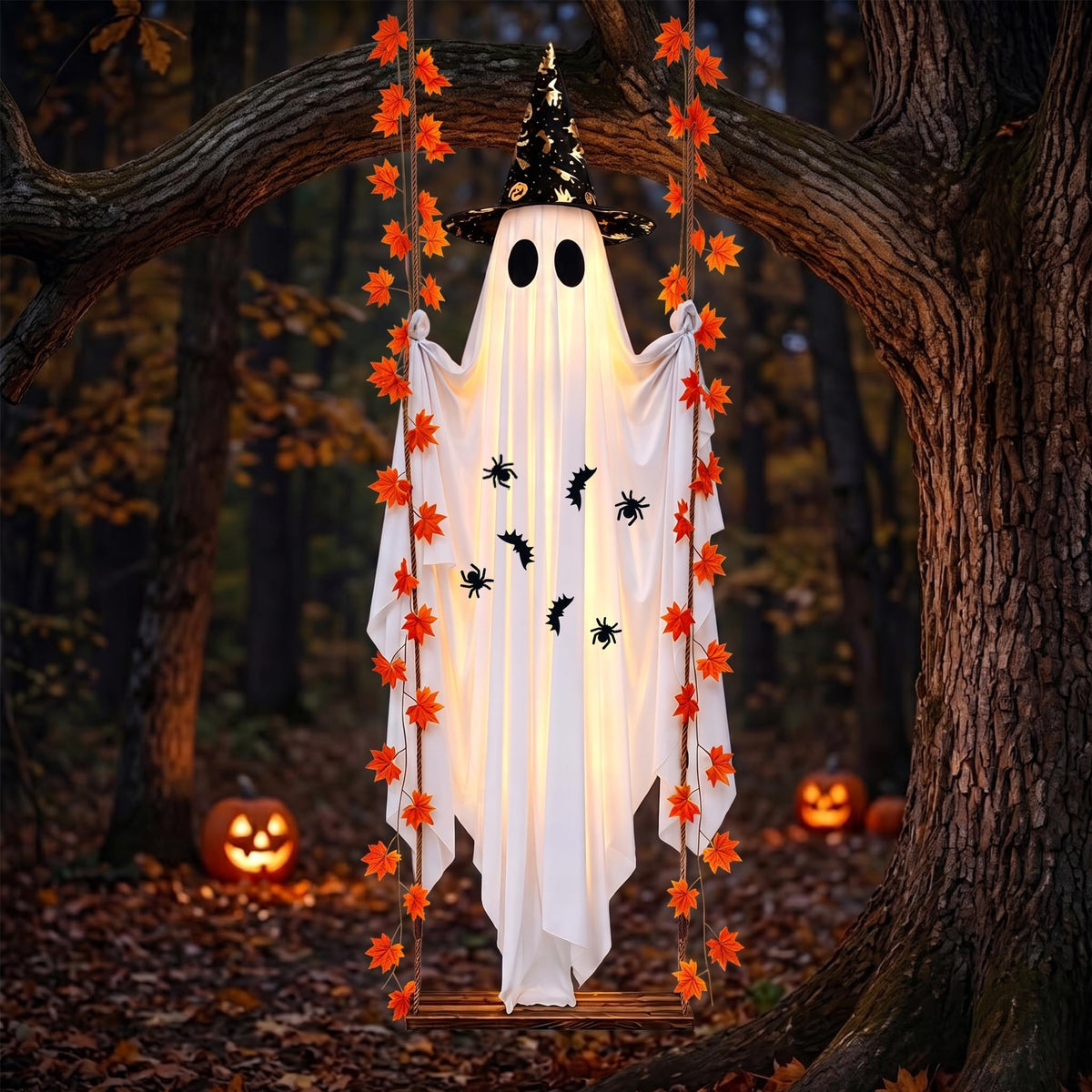 Halloween Decorations Outdoor, 5.4FT Large Hanging Swing Ghost Outdoor Decor with Witch Hat & Maple Leaf Vine, Remote Control LED Lights 8 Modes, Halloween Ghost Decorations for Front Porch Yard Tree