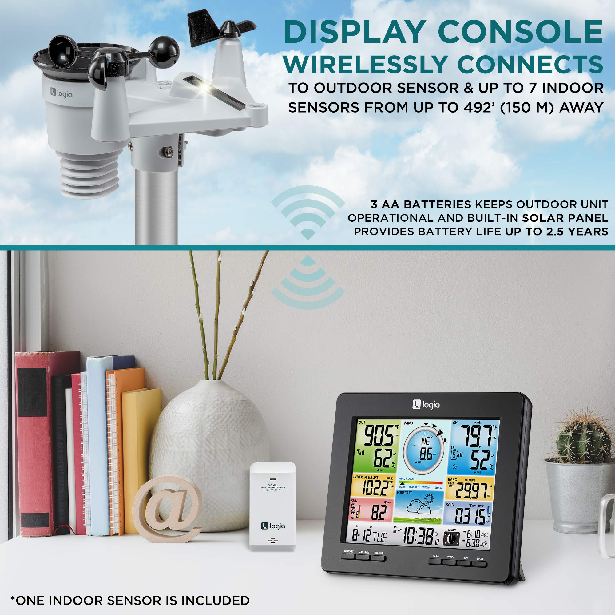 Buy now Logia 18-in-1 Wi-Fi Weather Station with 7-in-1 Solar Sensor Array, Temperature Humidity Wind Speed/Direction Rain UV & More, Wireless Color Console w/Forecast Data, Alarm, Alerts at indiglob india