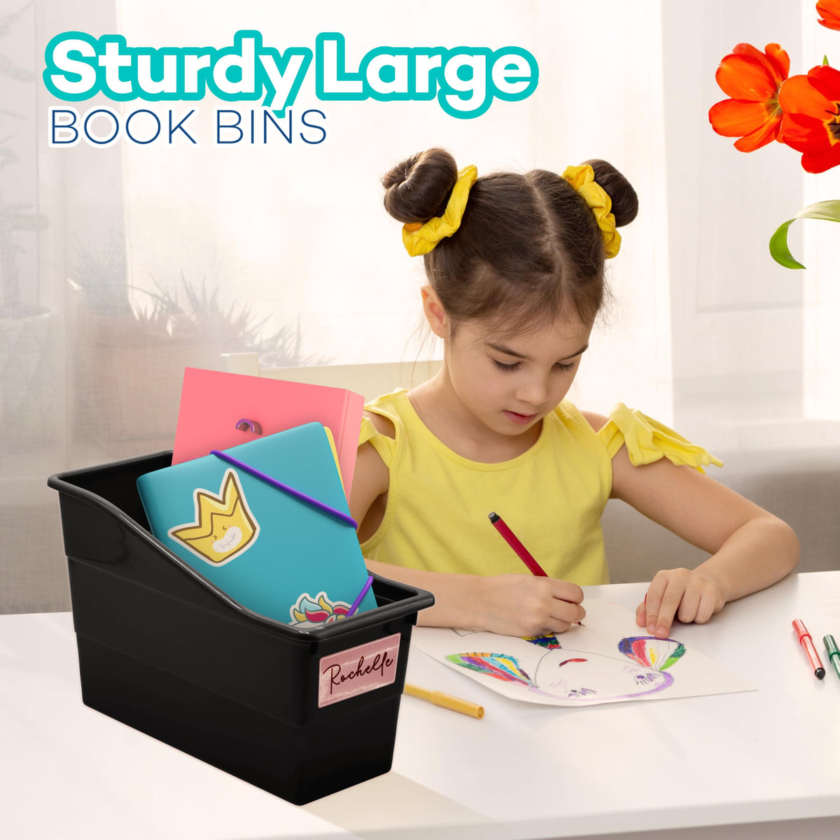 4E's Novelty 6 Durable Book and Binder Holder, Files Book Bins for Classroom, Plastic Vertical Storage Book Organizer Folder Office Classroom Organization Containers Supplies (With Labels)