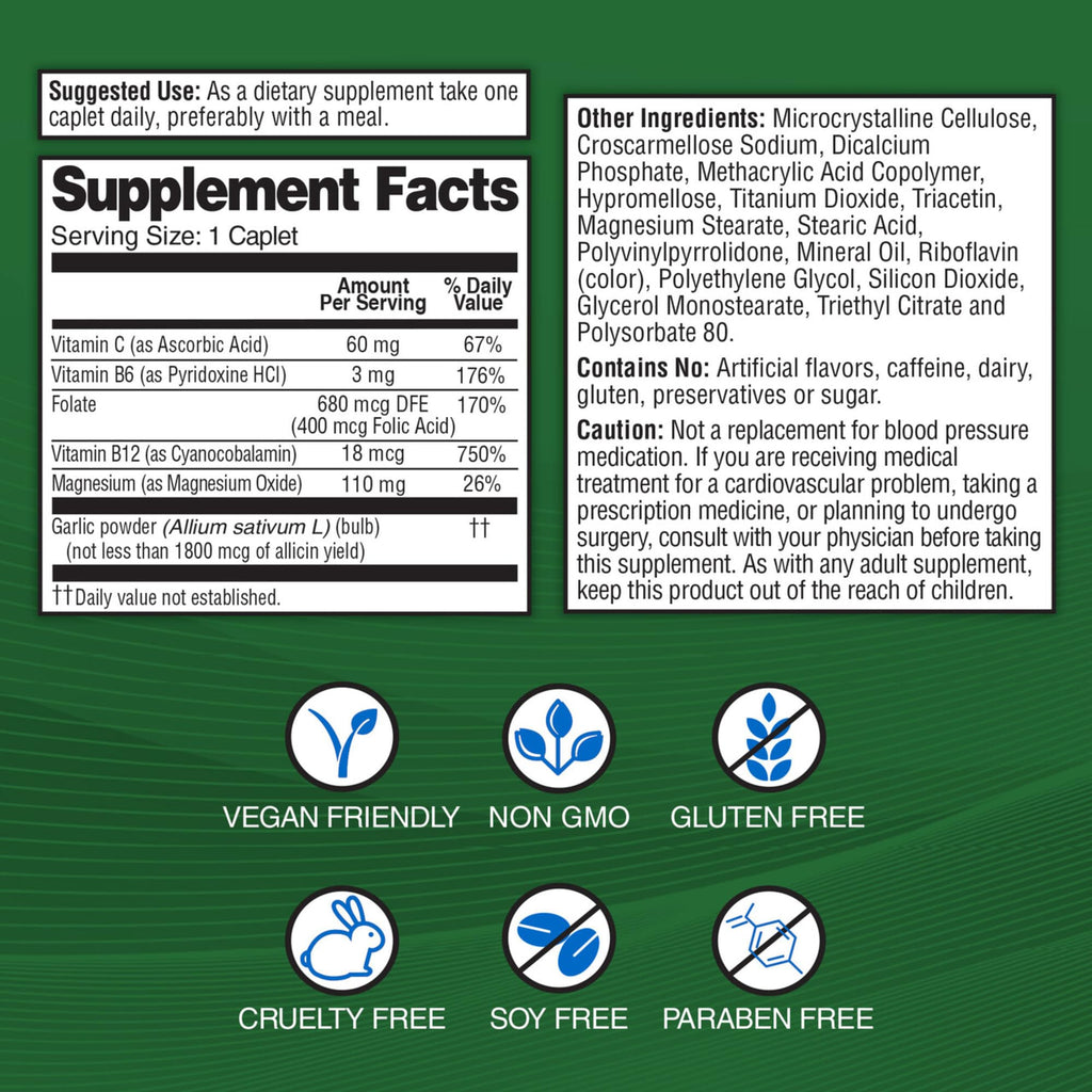 Garlique Garlic Extract Supplement, Healthy Blood Pressure Formula, Odorless & Vegan, 60 Caplets