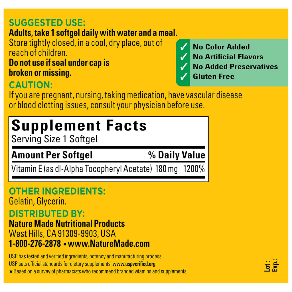 Nature Made Vitamin E 180 mg (400 IU) dl-Alpha, 300 Softgels | Dietary Supplement for Antioxidant and Skin Support, Vitamin E Supports a Healthy Immune System, 300 Day Supply