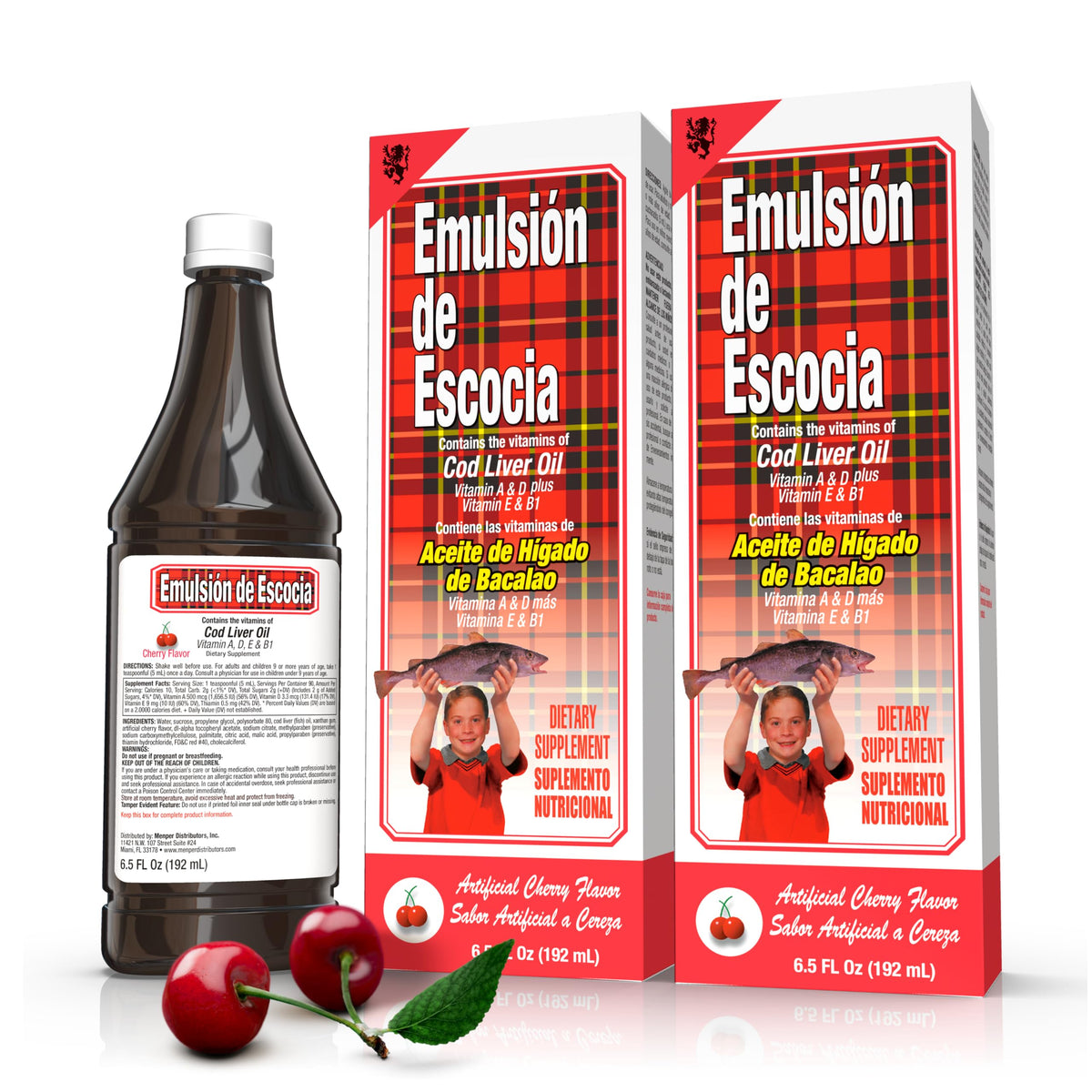 Emulsión de Escocia Cod Liver Oil with Vitamins A, D, E, B1 - Natural Cherry Flavor Fish Oil Omega-3 Dietary Supplement for Immune Support & Growth - Essential Nutrients - 6.5 oz (2-Pack)