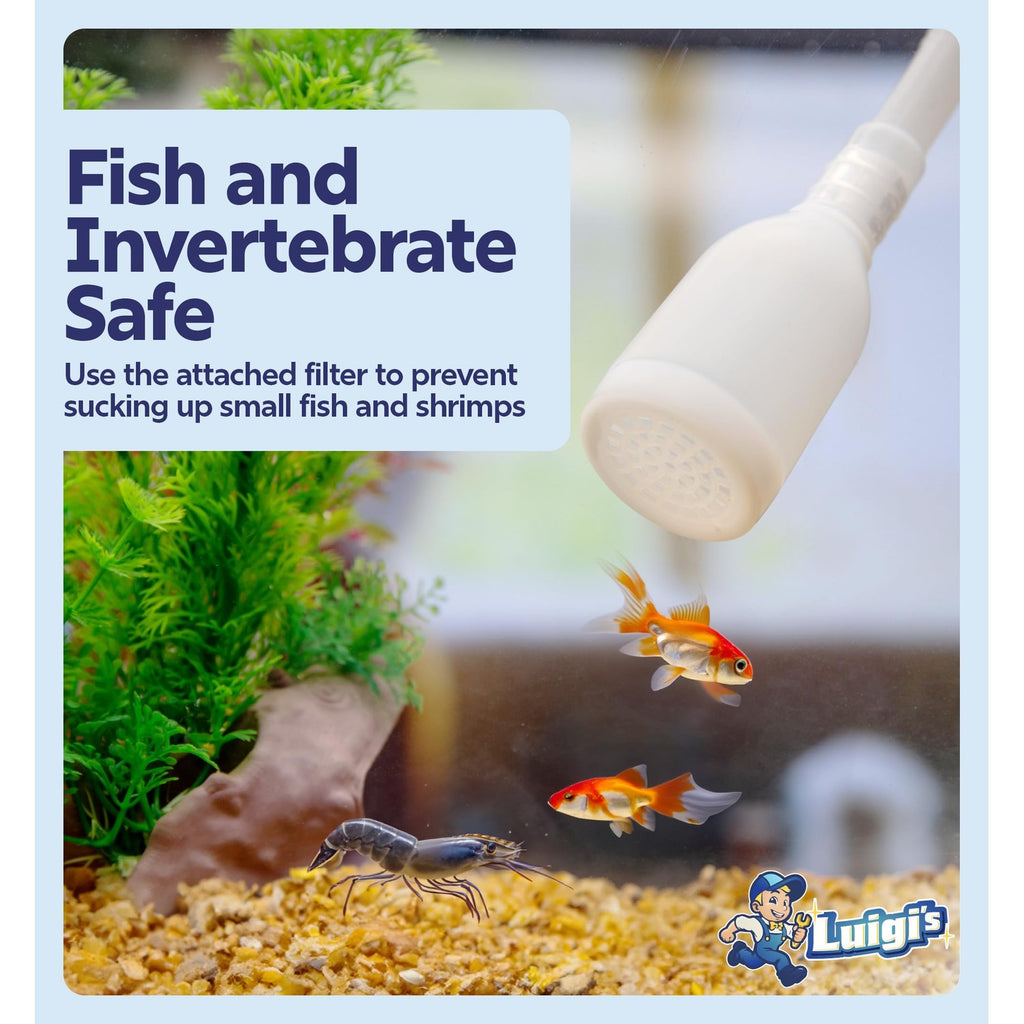 Luigi's Fish Tank Cleaner - Turtle Tank Accessories - Gravel Vacuum for Aquarium - Hand Siphon Hose to Remove and Change Water or Sand in Minutes - Aquarium Cleaning Tools