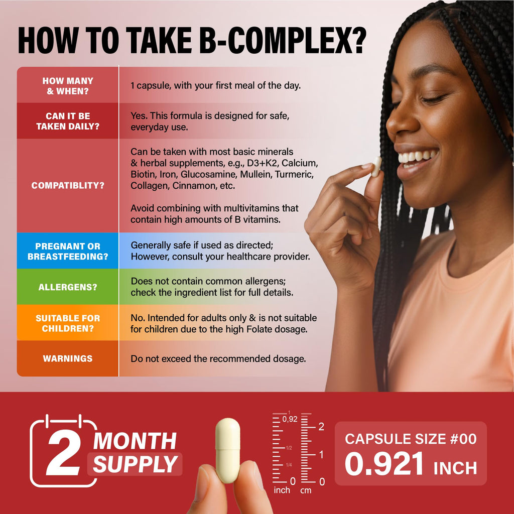 Vitamin B Complex: B1, B2, B3, B5, B6, B7, B12, 5MTHF + Whole Food - 60Caps