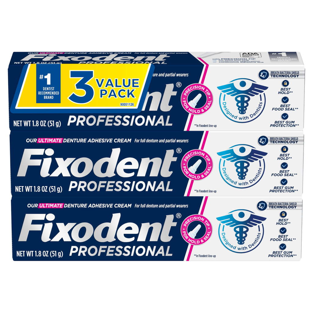 Professional Ultimate Denture Adhesive Cream for Strong, All-Day Hold for Full and Partial Dentures, 1.8 oz Tube with Breath Bacteria Shield and Precision Tip (3 Pack)