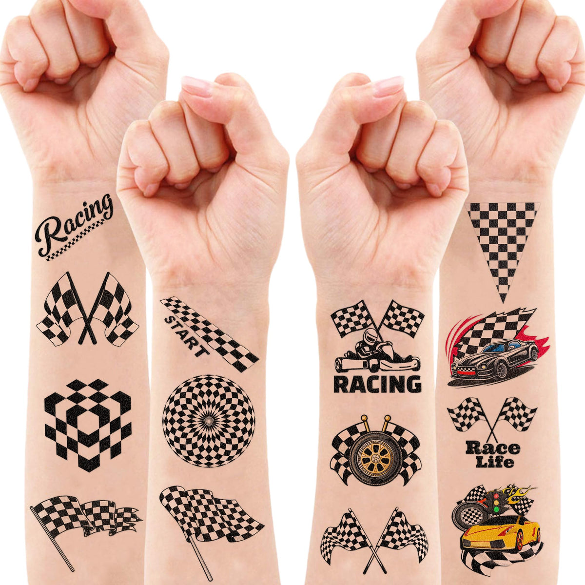 60 PCS Funny Race Car Checkered Flag Pre-Cut Temporary Tattoos