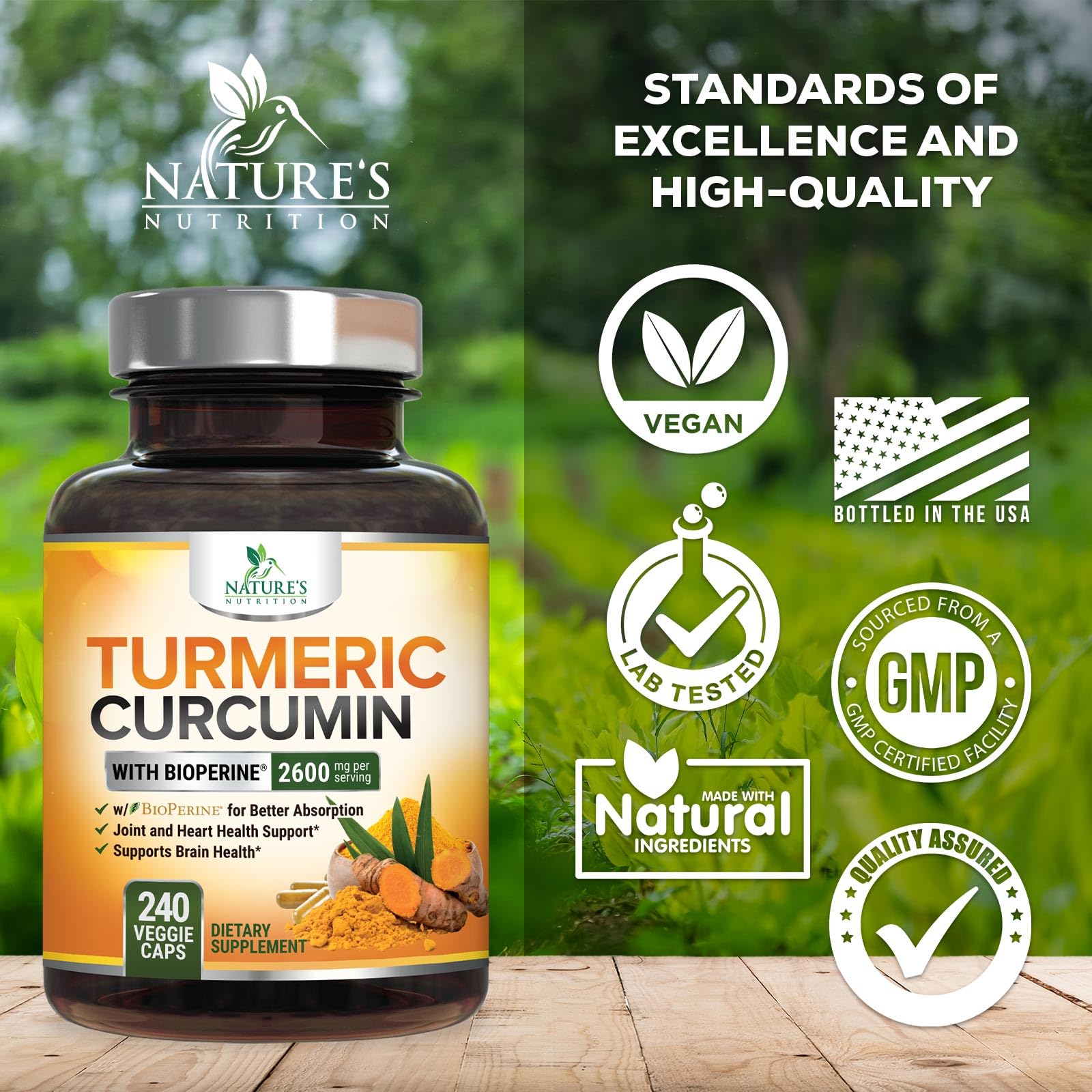 Turmeric Curcumin Supplement - 2400mg Organic Turmeric Per Serving - 95% Curcuminoids & BioPerine Black Pepper Extract for Best Absorption - Natural Vegan Joint Support, Bottled in USA - 240 Capsules