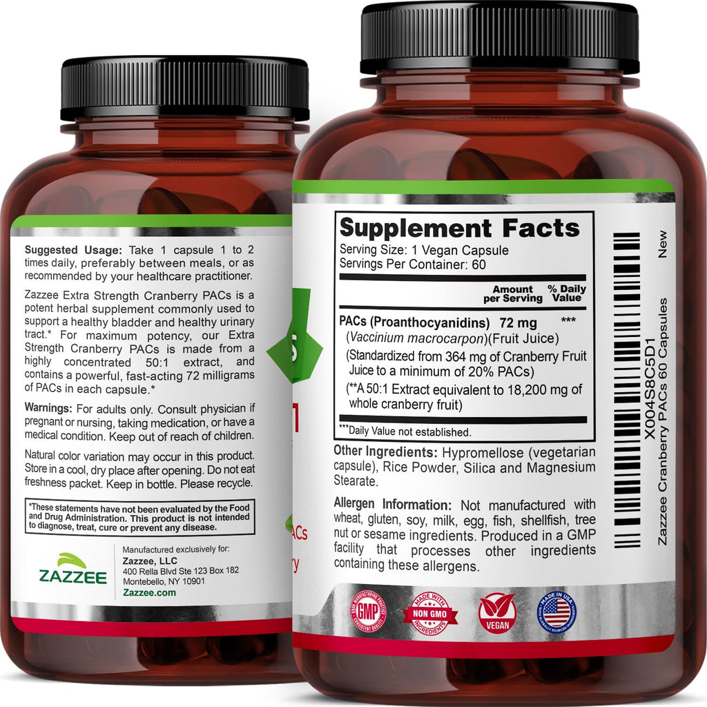 Zazzee Cranberry PACs 72 mg per Capsule, 50:1 Extract, 60 Vegan Capsules | 2X Strength, 2 Month Supply, Fast-Acting, Effective Urinary Tract & Bladder Support, 100% Soluble PACs, Made in the USA