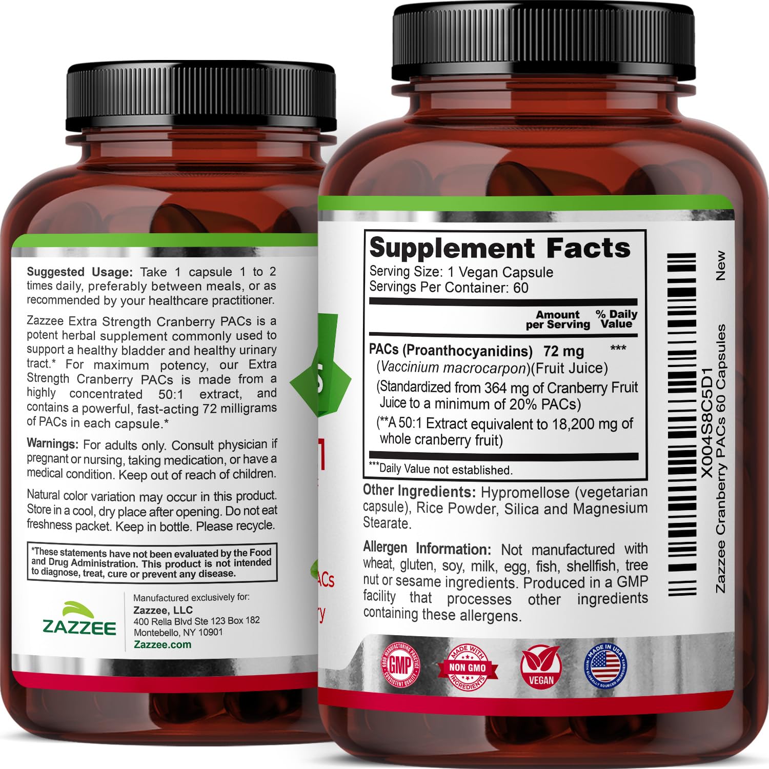 Zazzee Cranberry PACs 72 mg per Capsule, 50:1 Extract, 60 Vegan Capsules | 2X Strength, 2 Month Supply, Fast-Acting, Effective Urinary Tract & Bladder Support, 100% Soluble PACs, Made in the USA