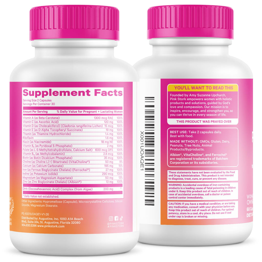 Pink Stork Total Prenatal + DHA, Vegan, No Fishy Burps, 60 Count, Berry | Methylfolate, Vegan DHA, Non-Constipating Iron, Choline, Vitamin B12 | Clean Label Purity Award, Made in USA