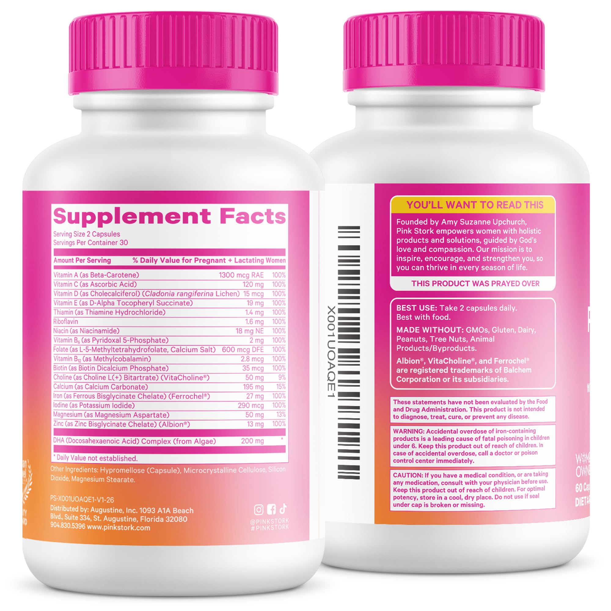 Pink Stork Total Prenatal + DHA, Vegan, No Fishy Burps, 60 Count, Berry | Methylfolate, Vegan DHA, Non-Constipating Iron, Choline, Vitamin B12 | Clean Label Purity Award, Made in USA