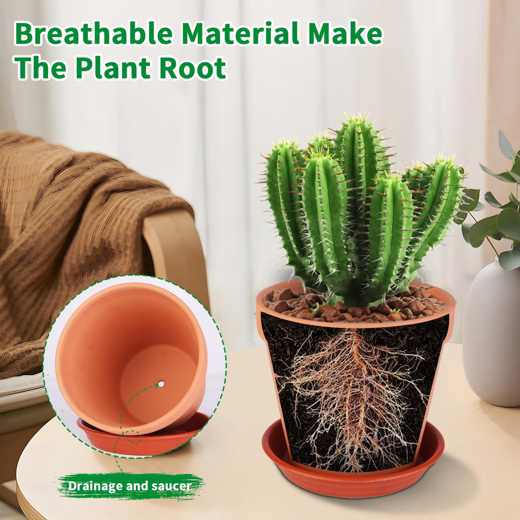 6 Pack 6 Inch Terracotta & Clay Pots with Plastic Saucer for Plants