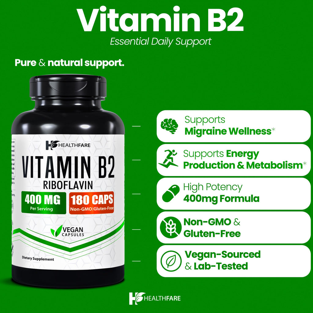 Healthfare Vitamin B2 Riboflavin 400mg | 180 Vegan Capsules | High Potency | Non-GMO | Gluten-Free | Made in USA