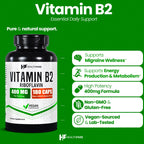 Healthfare Vitamin B2 Riboflavin 400mg | 180 Vegan Capsules | High Potency | Non-GMO | Gluten-Free | Made in USA