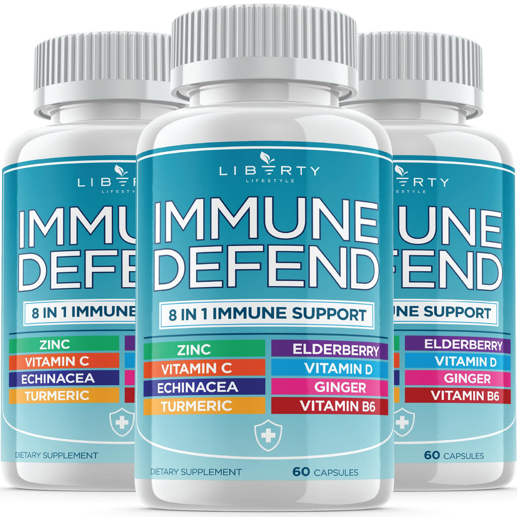 Liberty Lifestyle 8 in 1 Immune Supplement with Echinacea, Vitamin C and Zinc 50mg, Vitamin D 5000 IU, Turmeric Curcumin & Ginger, B6, Elderberry 180 Count (Pack of 3)