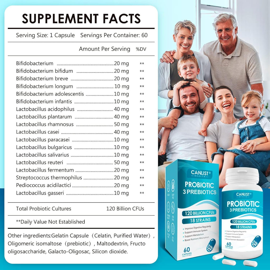 CANLIST Probiotics 120 Billion CFUs 18 Strains, 3 Prebiotics & Digestive Enzymes for Men Women,Digestive & Immune Support,Shelf Stable Non-GMO 60 Capsules