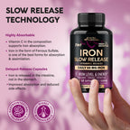 Iron Supplement for Women - Iron 65mg (Ferrous Sulfate 325mg) - 60 Caps | Iron Level & Energy Support - Vitamins C, D3, B6, B12 & Folate - Stomach Friendly, Slow Release, Bioavailable - 60-Day Supply