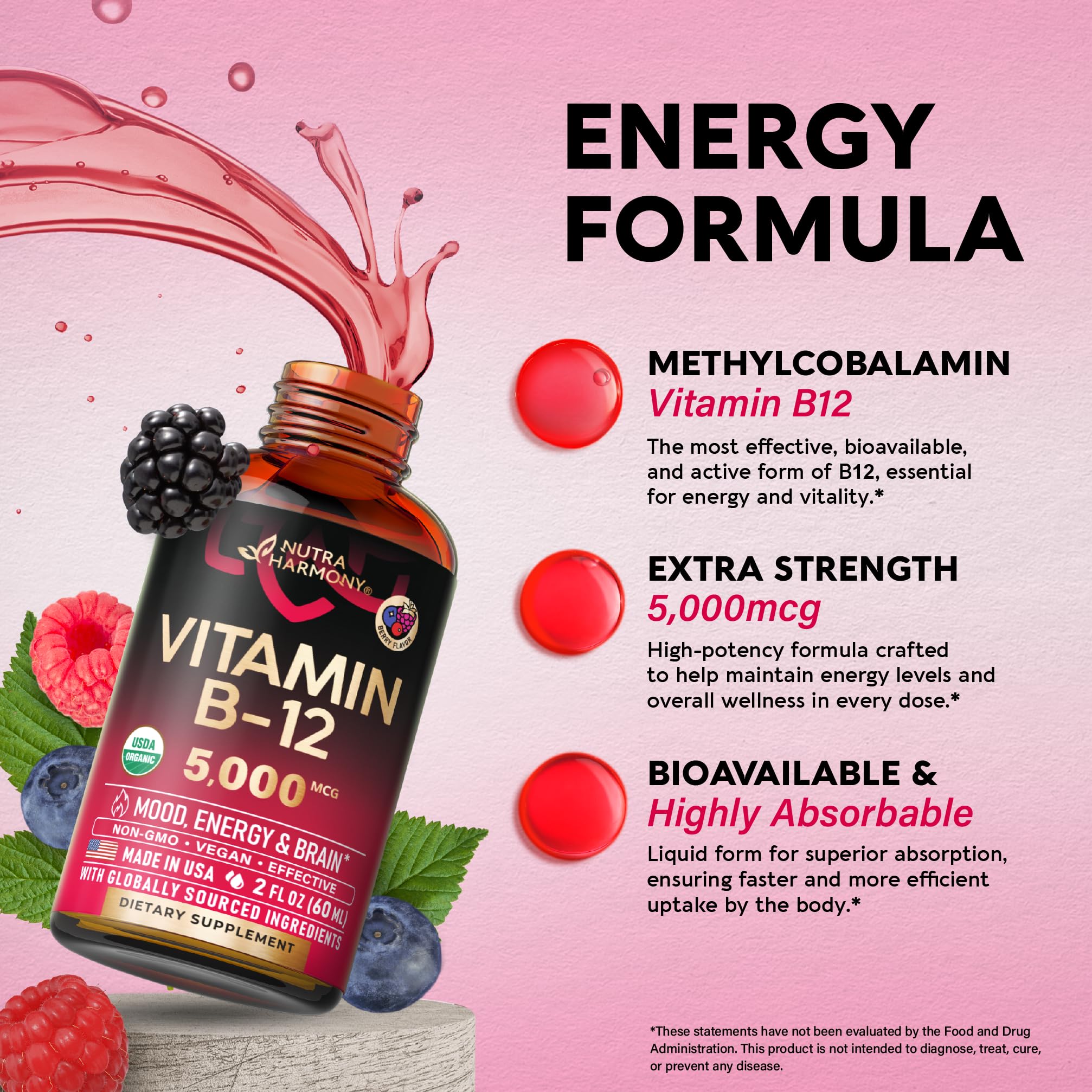 USDA Organic Vitamin B12 Sublingual Drops - Methylcobalamin 5000 mcg - 2 Oz | Vitamin B12 for Women & Men - Energy Boost, Focus & Brain Support - Bioavailable - Berry Flavor, Sugar-Free - 60-Day Supply