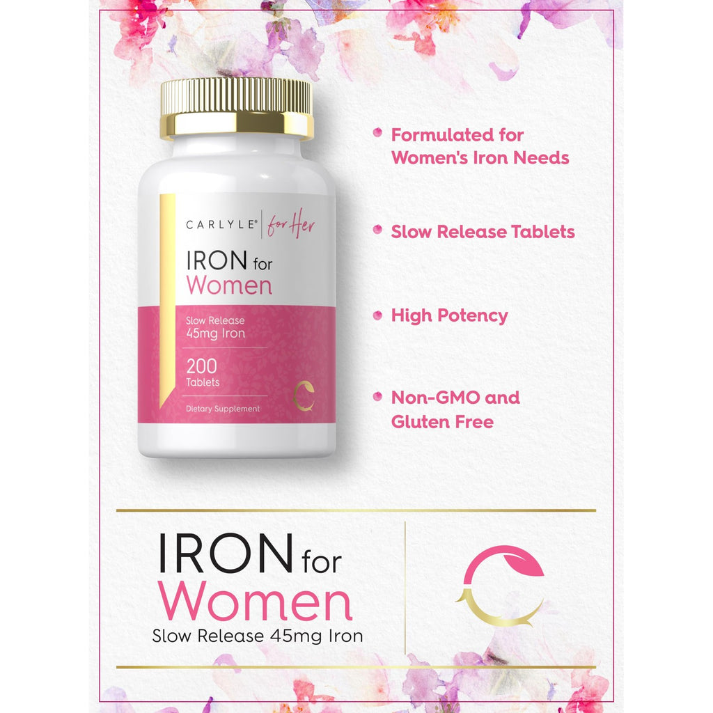 Carlyle Iron Supplement for Women | 200 Slow Release Tablets | Vegetarian, Non-GMO, Gluten Free Pills | for Her