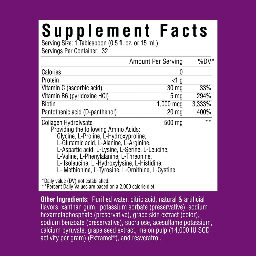 Rejuvicare Liquid Collagen Beauty Formula with Amino Acids, Protein and Biotin, Delicious Grape Flavor, Purple 16 oz ,32 servings