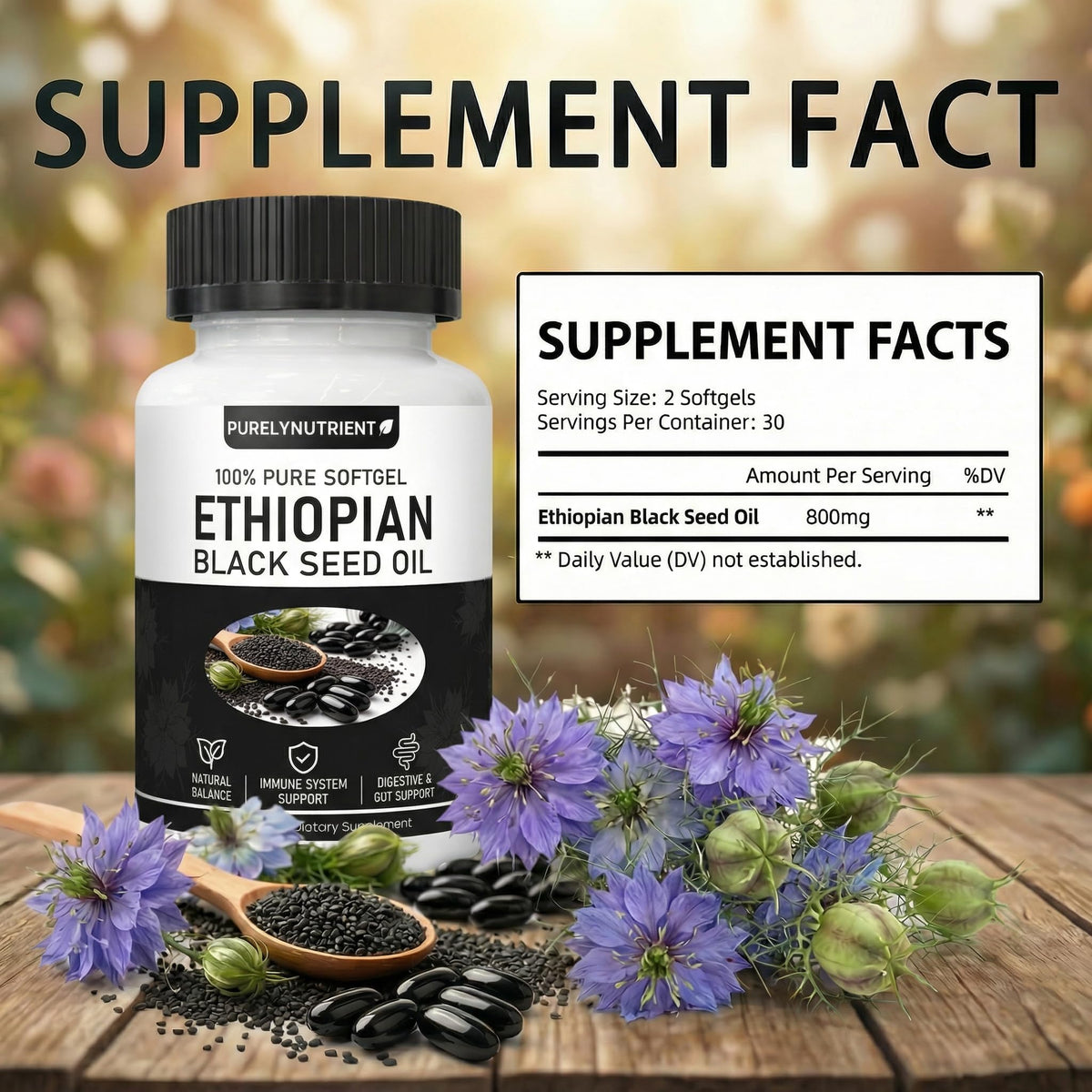 Ethiopian Black Seed Oil, Purely Nutrient Aceite De Semilla Negra Etiope Capsules with Thymoquinone, Organic Cold-Pressed, 60 Softgels