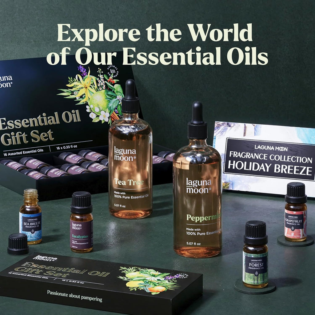 Buy now Lagunamoon Essential Oils Set - Top 6 Blends for Diffusers, Home Care, Candle Making Scents, Fragrance, Aromatherapy, Humidifiers, Gifts - Peppermint, Tea Tree, Lavender, Eucalyptus, Orange (10mL) at indiglob india